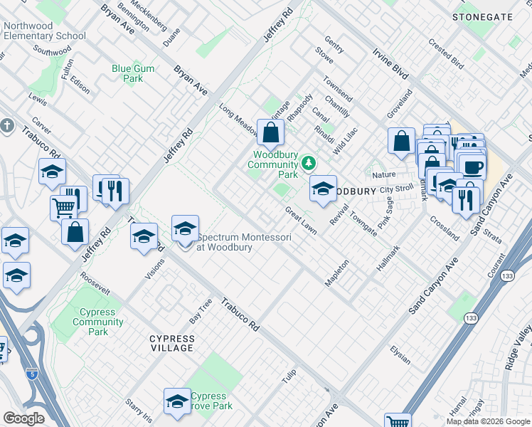 map of restaurants, bars, coffee shops, grocery stores, and more near 127 Alhambra in Irvine