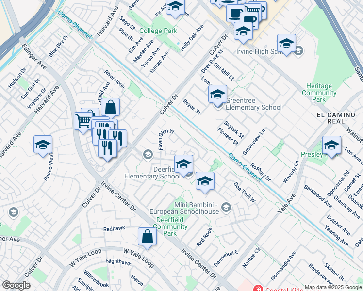 map of restaurants, bars, coffee shops, grocery stores, and more near 12 Columbine in Irvine