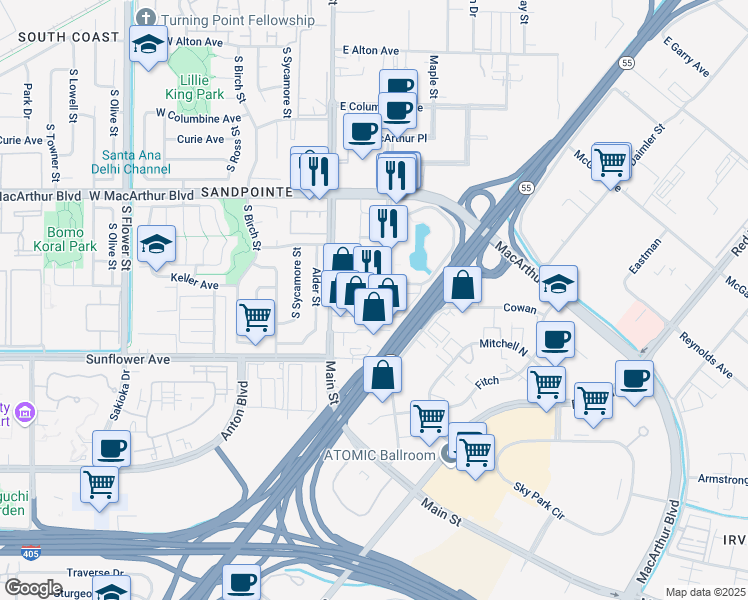 map of restaurants, bars, coffee shops, grocery stores, and more near 3863 Hutton Center Drive in Santa Ana
