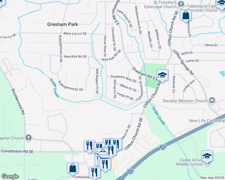 map of restaurants, bars, coffee shops, grocery stores, and more near 3061 Stirrup Lane Southeast in Atlanta