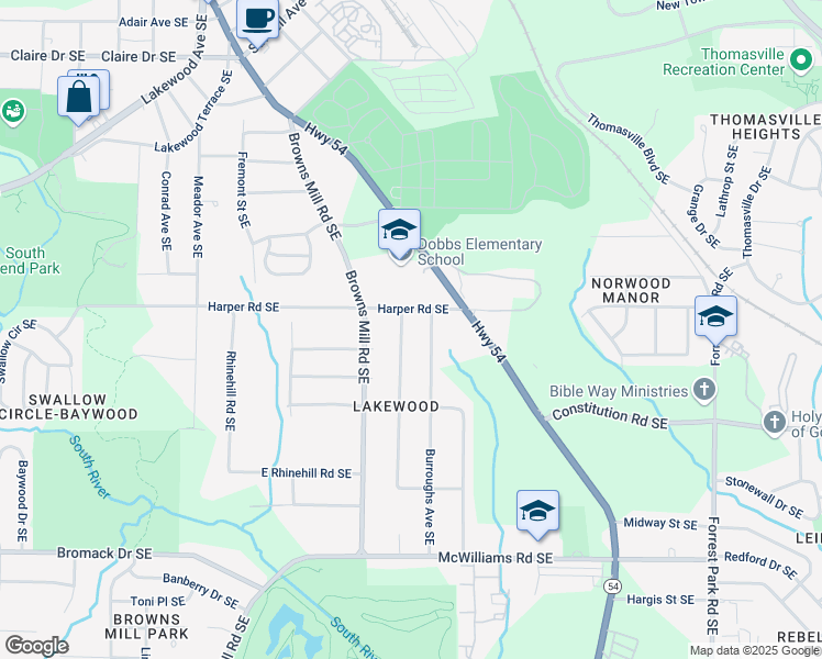map of restaurants, bars, coffee shops, grocery stores, and more near 2126 Jernigan Drive Southeast in Atlanta