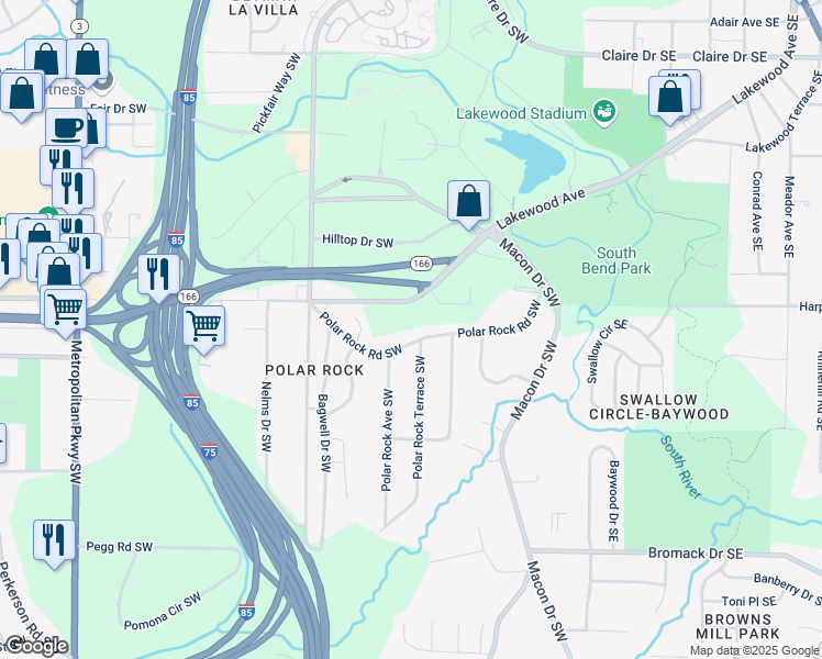 map of restaurants, bars, coffee shops, grocery stores, and more near 193 Polar Rock Road Southwest in Atlanta