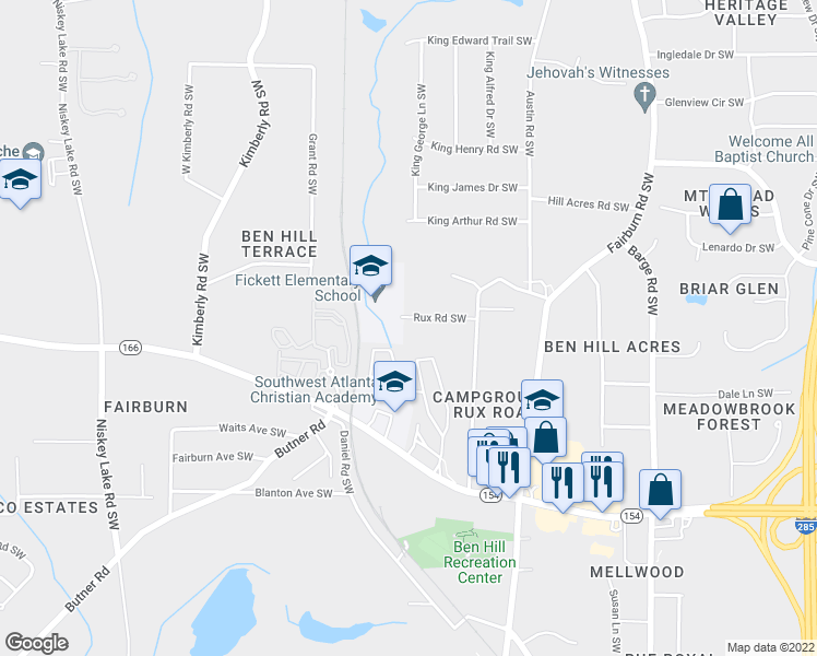 map of restaurants, bars, coffee shops, grocery stores, and more near 3896 Rux Road Southwest in Atlanta