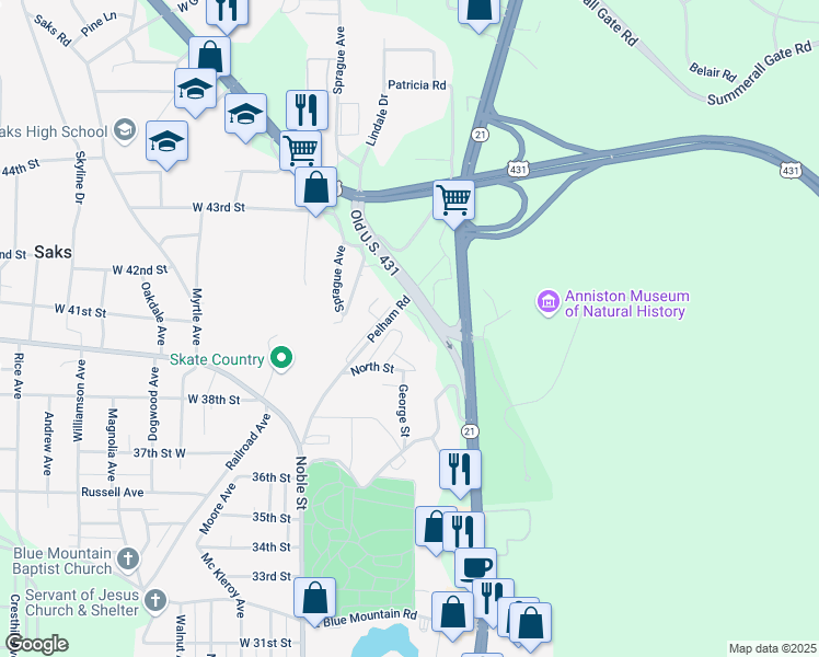 map of restaurants, bars, coffee shops, grocery stores, and more near 120 U.S. 431 in Anniston