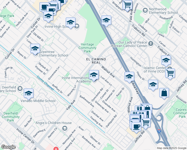 map of restaurants, bars, coffee shops, grocery stores, and more near 14621 Lofty Street in Irvine