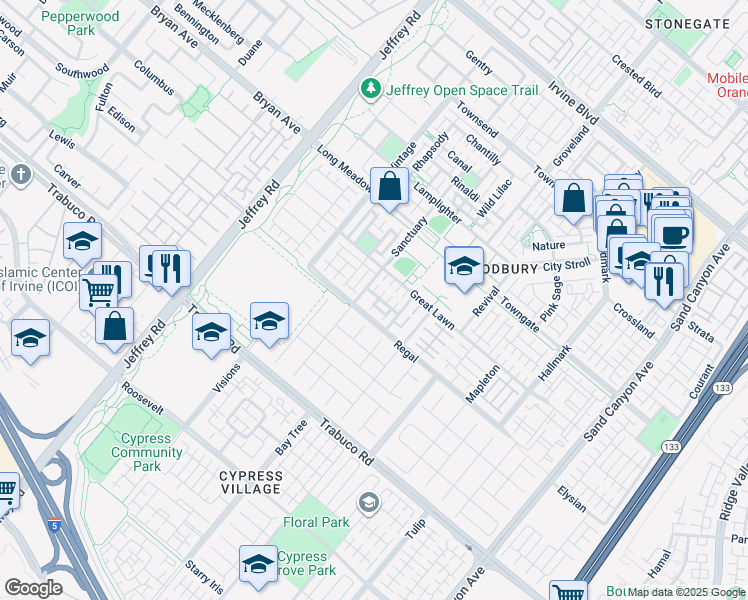 map of restaurants, bars, coffee shops, grocery stores, and more near 100 Alhambra in Irvine