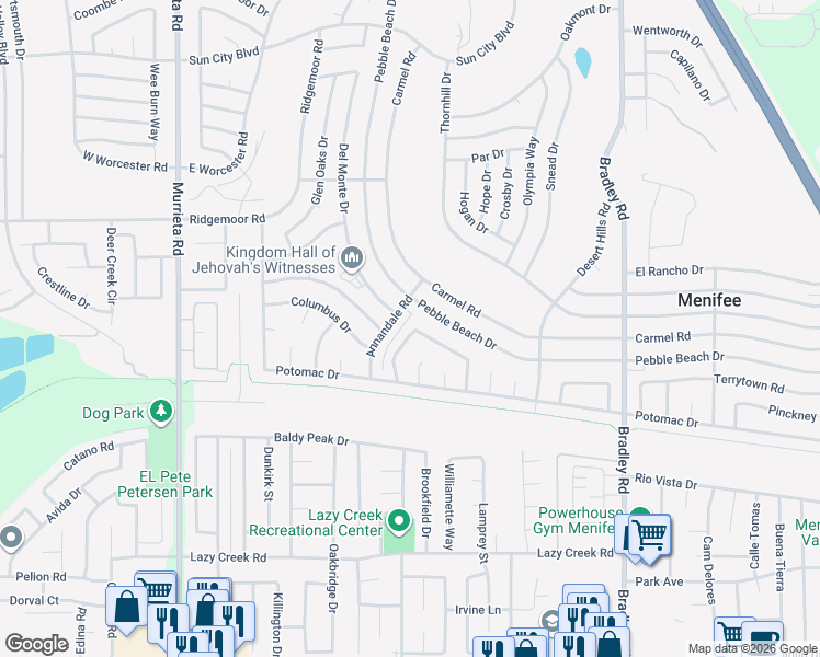 map of restaurants, bars, coffee shops, grocery stores, and more near 29212 Summerset Drive in Menifee