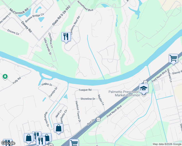 map of restaurants, bars, coffee shops, grocery stores, and more near 698 Riverwalk Drive in Myrtle Beach