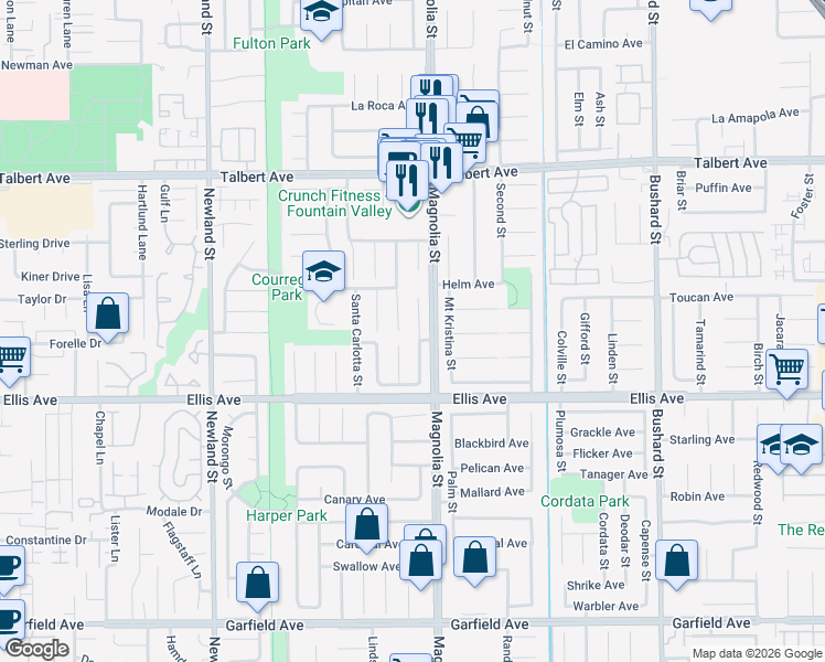 map of restaurants, bars, coffee shops, grocery stores, and more near 18349 Santa Belinda Circle in Fountain Valley