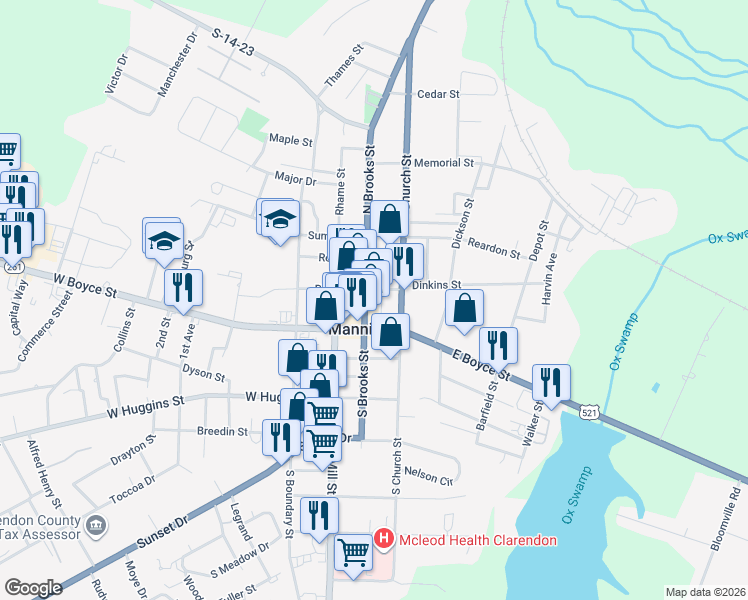 map of restaurants, bars, coffee shops, grocery stores, and more near 36 North Brooks Street in Manning