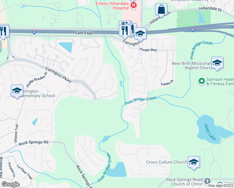 map of restaurants, bars, coffee shops, grocery stores, and more near 6204 Fairington Club Drive in Stonecrest