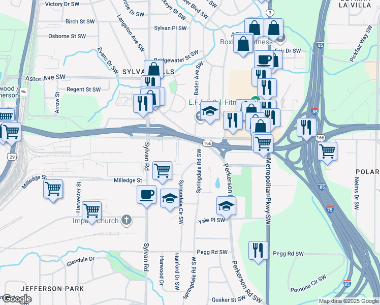 map of restaurants, bars, coffee shops, grocery stores, and more near 2141 Springdale Road Southwest in Atlanta