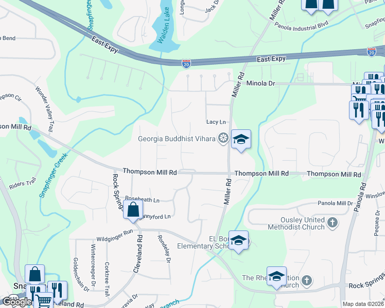 map of restaurants, bars, coffee shops, grocery stores, and more near 4929 Stratford Mill Court in Stonecrest