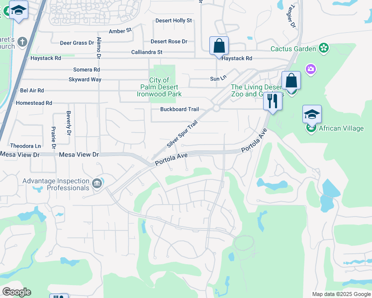 map of restaurants, bars, coffee shops, grocery stores, and more near 73415 Agave Lane in Palm Desert