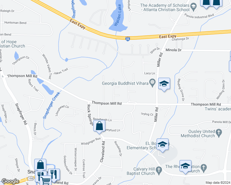 map of restaurants, bars, coffee shops, grocery stores, and more near 3022 Invermere Woods Court in Lithonia