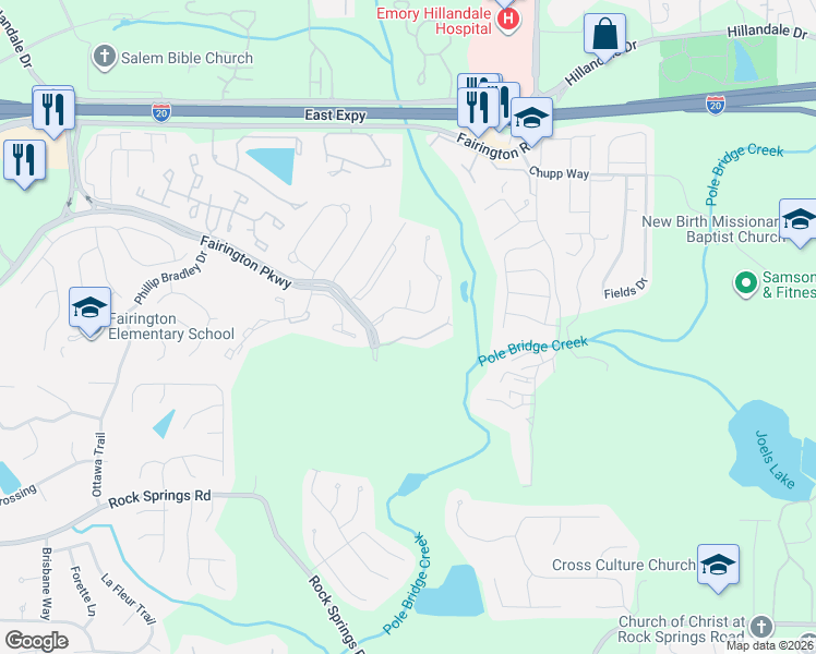 map of restaurants, bars, coffee shops, grocery stores, and more near 4301 Fairington Club Drive in Stonecrest