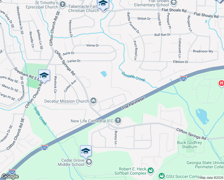 map of restaurants, bars, coffee shops, grocery stores, and more near 3139 Tarian Way in Decatur