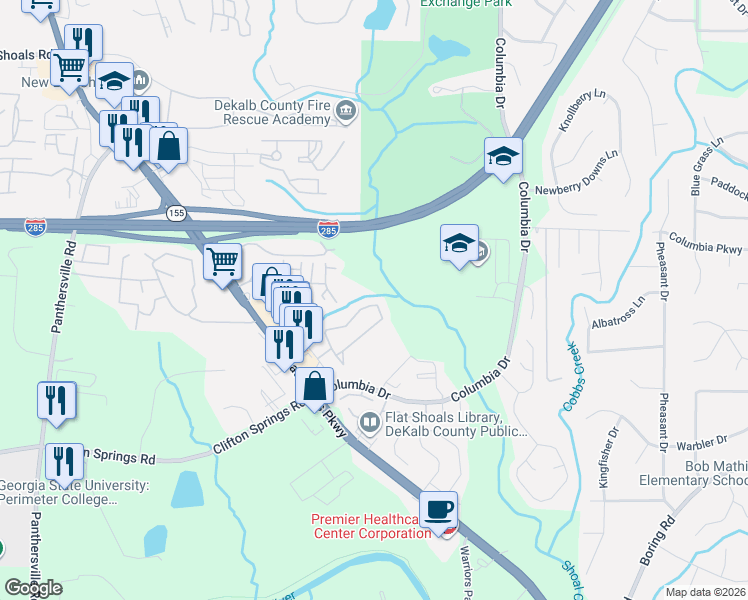 map of restaurants, bars, coffee shops, grocery stores, and more near 2837 Vining Ridge Terrace in Decatur