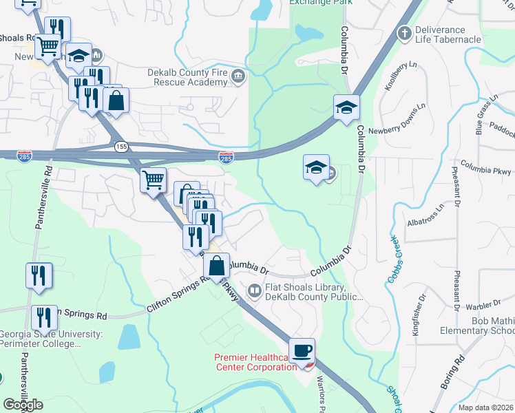 map of restaurants, bars, coffee shops, grocery stores, and more near 2838 Vining Ridge Terrace in Decatur