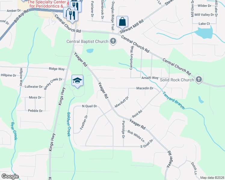 map of restaurants, bars, coffee shops, grocery stores, and more near 5821 Macedin Drive in Douglasville