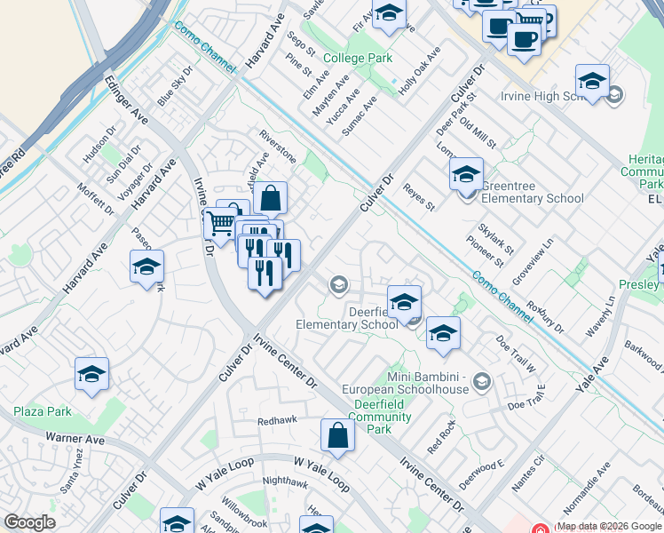 map of restaurants, bars, coffee shops, grocery stores, and more near 20 Woodrush in Irvine