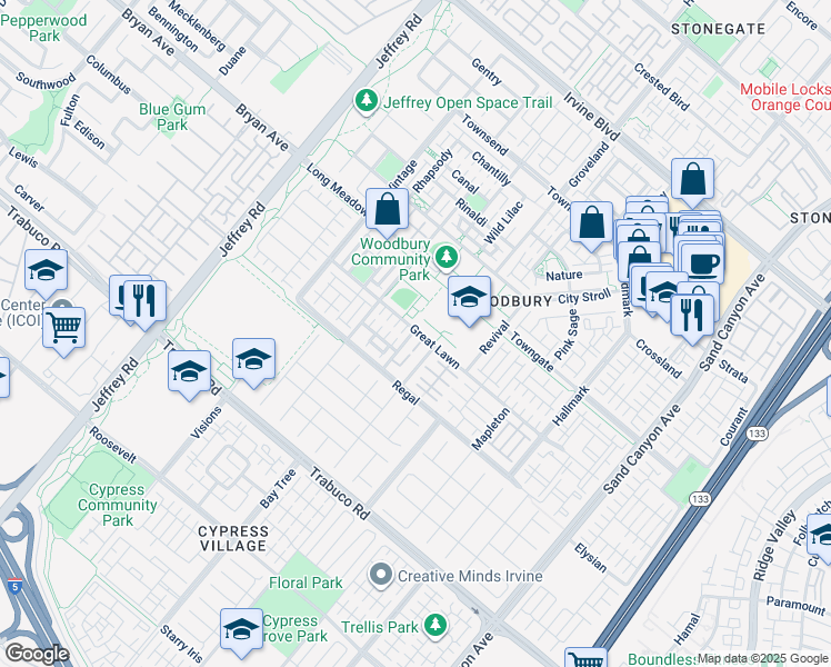 map of restaurants, bars, coffee shops, grocery stores, and more near 126 Great Lawn in Irvine