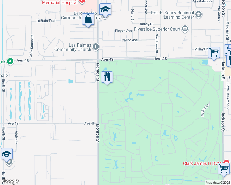 map of restaurants, bars, coffee shops, grocery stores, and more near Country Club Drive in Indio