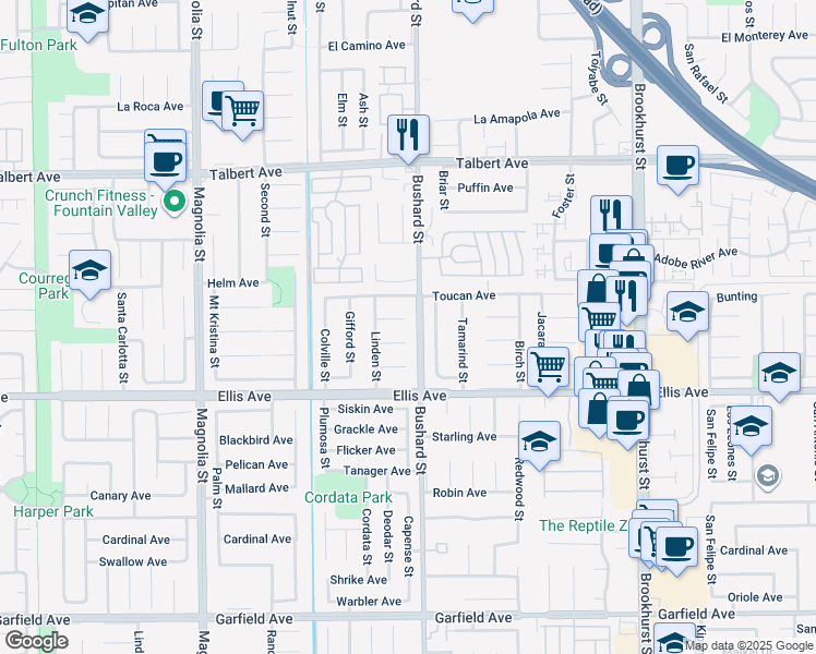 map of restaurants, bars, coffee shops, grocery stores, and more near 9468 Cormorant Circle in Fountain Valley