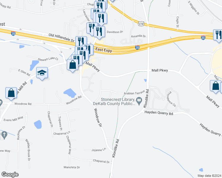 map of restaurants, bars, coffee shops, grocery stores, and more near 6752 Arabian Terrace in Lithonia