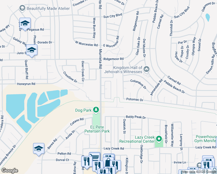map of restaurants, bars, coffee shops, grocery stores, and more near 29260 Camino Del Sol Este in Menifee