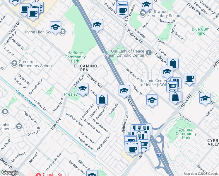 map of restaurants, bars, coffee shops, grocery stores, and more near 17 Springfield in Irvine