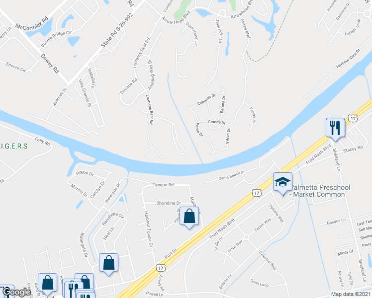 map of restaurants, bars, coffee shops, grocery stores, and more near 703 Riverwalk Drive in Myrtle Beach