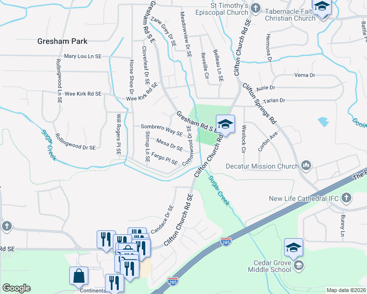 map of restaurants, bars, coffee shops, grocery stores, and more near 2070 Mesa Drive Southeast in Atlanta