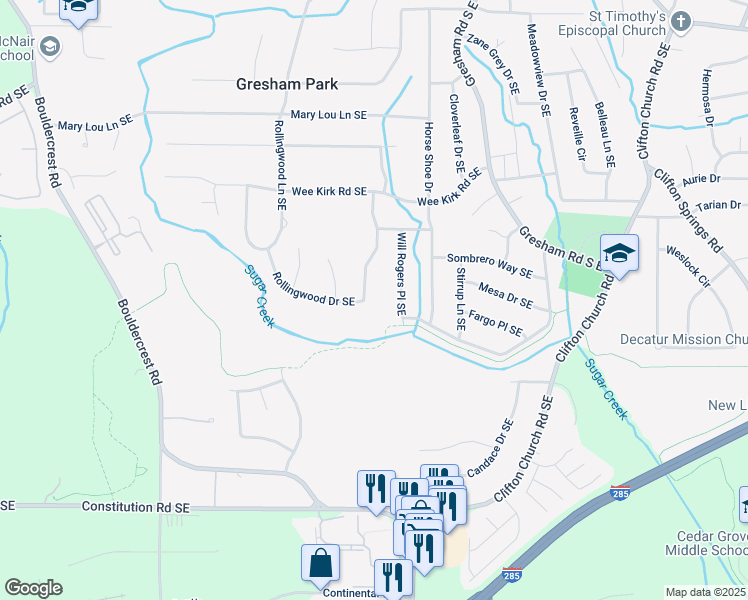 map of restaurants, bars, coffee shops, grocery stores, and more near 1905 Rollingwood Drive Southeast in Atlanta