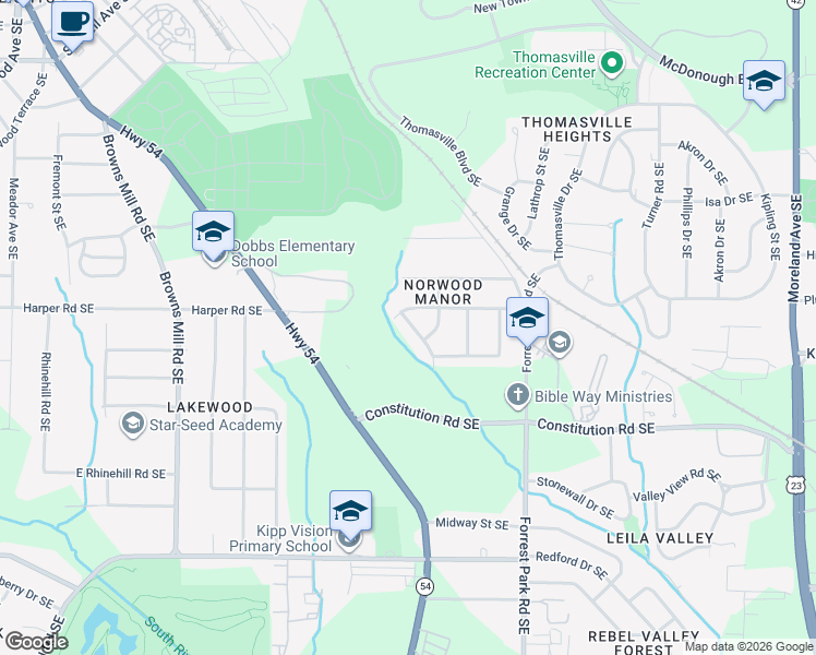 map of restaurants, bars, coffee shops, grocery stores, and more near 2127 Blayton Lane Southeast in Atlanta