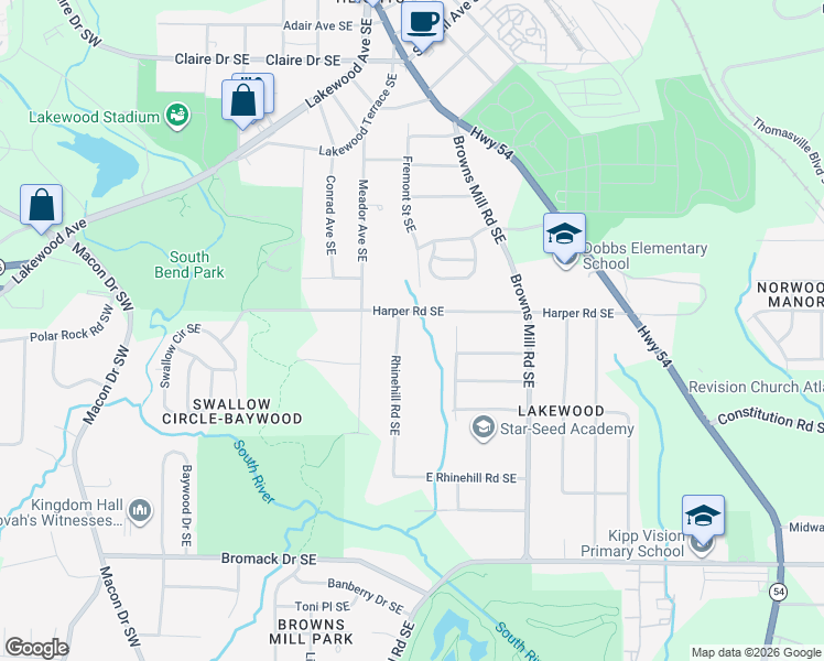 map of restaurants, bars, coffee shops, grocery stores, and more near 2140 Rhinehill Road Southeast in Atlanta