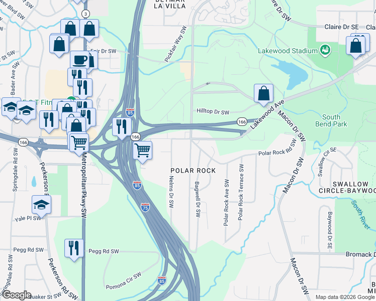 map of restaurants, bars, coffee shops, grocery stores, and more near 2150 Pryor Road Southwest in Atlanta