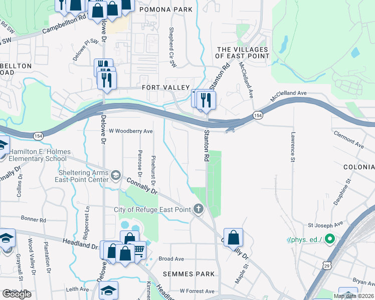 map of restaurants, bars, coffee shops, grocery stores, and more near 2156 Pointview Drive in East Point