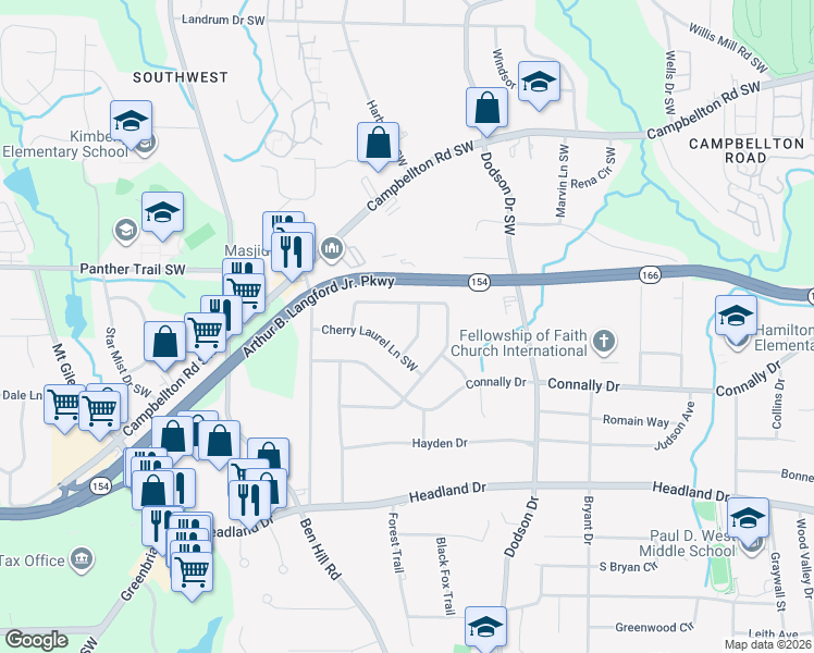 map of restaurants, bars, coffee shops, grocery stores, and more near 2170 Chinaberry Way Southwest in Atlanta