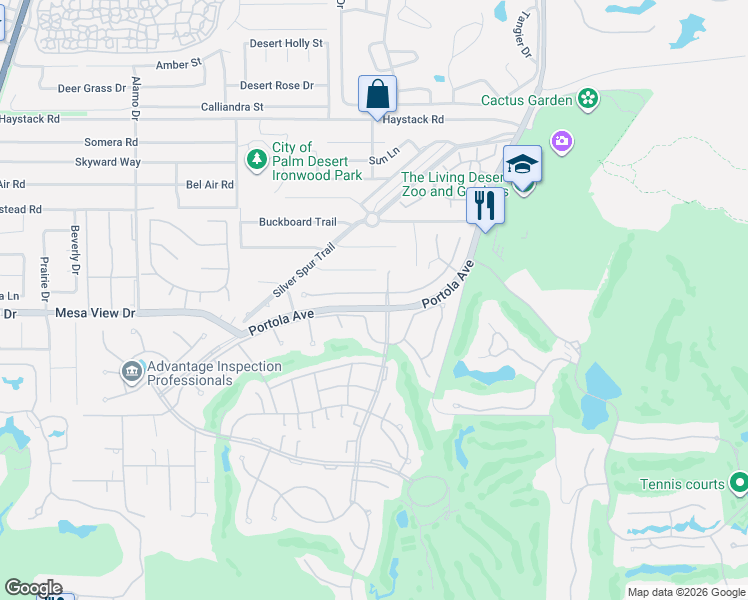map of restaurants, bars, coffee shops, grocery stores, and more near 73575 Agave Lane in Palm Desert