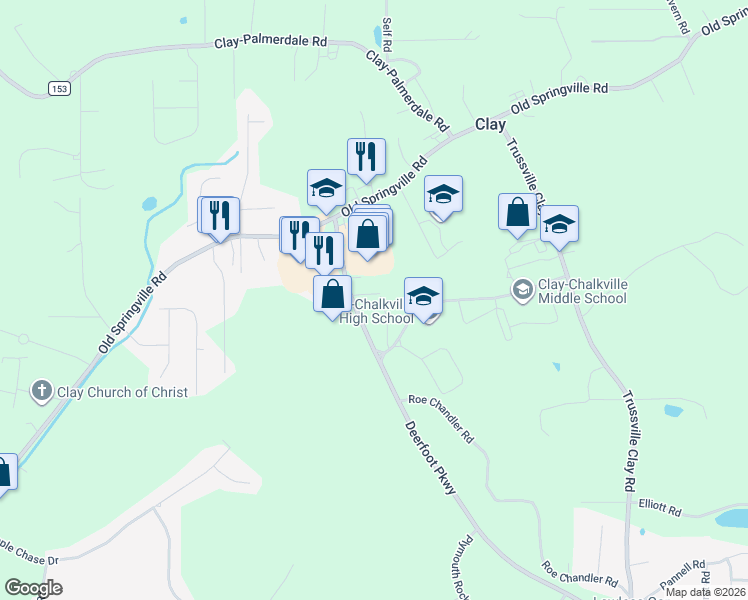 map of restaurants, bars, coffee shops, grocery stores, and more near 6673 Roe Chandler Road in Dixiana
