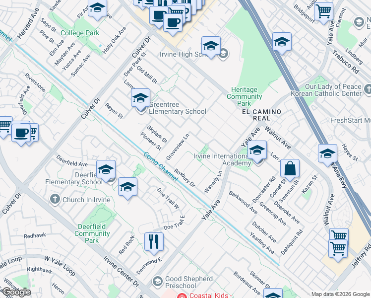 map of restaurants, bars, coffee shops, grocery stores, and more near 14852 Willows Park Walkway in Irvine