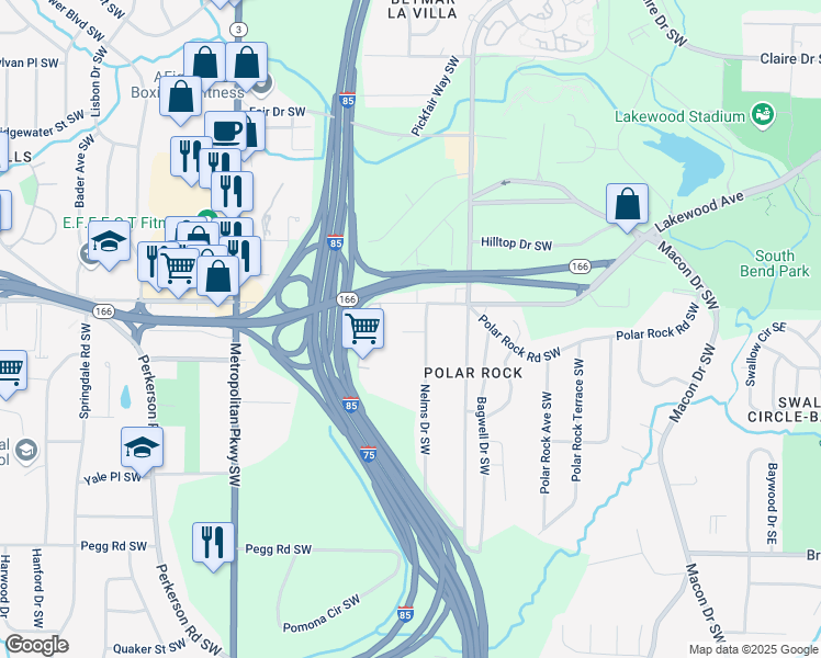 map of restaurants, bars, coffee shops, grocery stores, and more near 2540 Lakewood Avenue Southwest in Atlanta