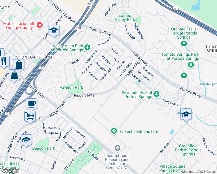 map of restaurants, bars, coffee shops, grocery stores, and more near 103 Sparrow in Irvine