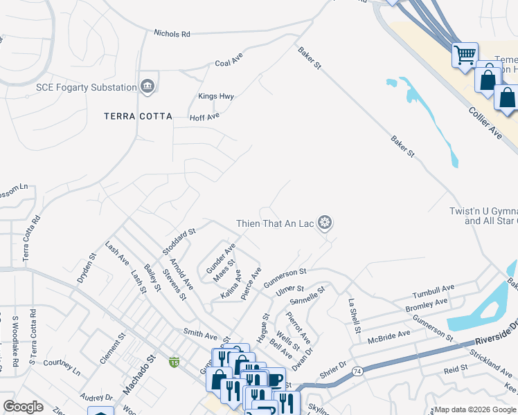 map of restaurants, bars, coffee shops, grocery stores, and more near Gunder Avenue in Lake Elsinore