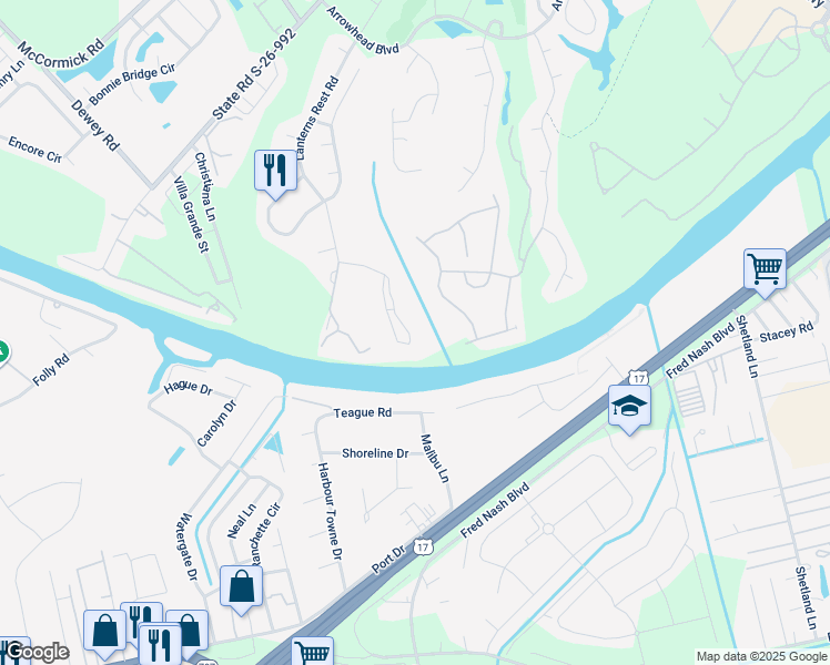 map of restaurants, bars, coffee shops, grocery stores, and more near 699 Riverwalk Drive in Myrtle Beach