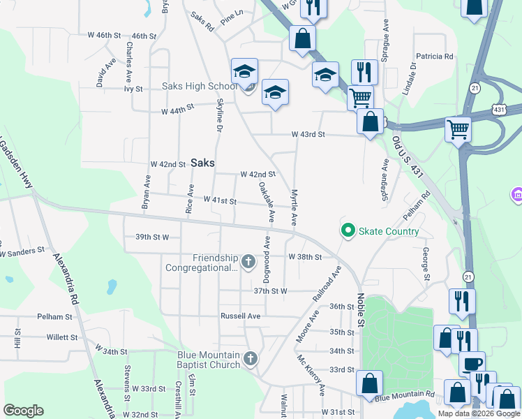 map of restaurants, bars, coffee shops, grocery stores, and more near 308 West 41st Street in Anniston