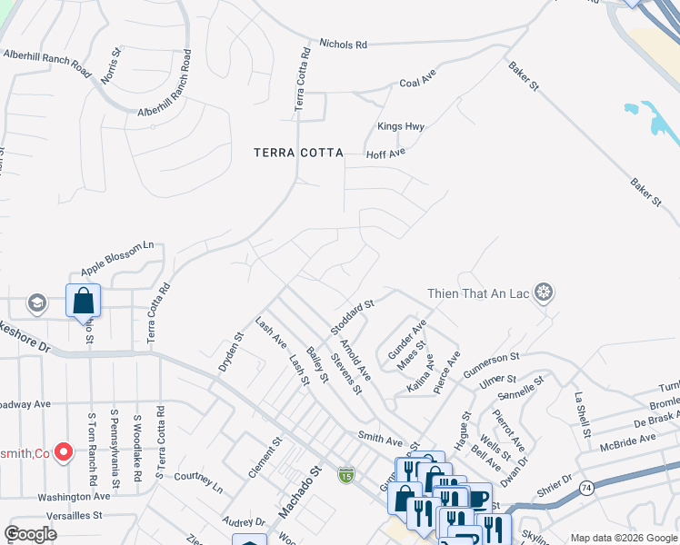 map of restaurants, bars, coffee shops, grocery stores, and more near 4686 Parma Lane in Lake Elsinore