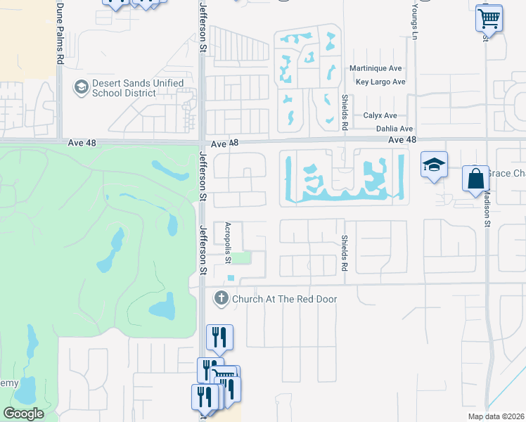 map of restaurants, bars, coffee shops, grocery stores, and more near 80215 Queensboro Drive in Indio
