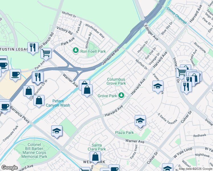 map of restaurants, bars, coffee shops, grocery stores, and more near 15519 Sonora Street in Tustin